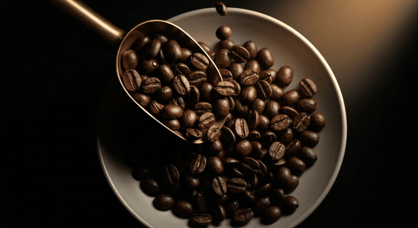 Grains de café Arabica torréfiés en cascade dans un bol mat