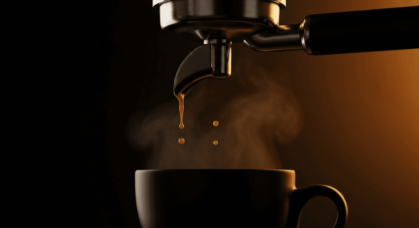Espresso noir s'écoulant lentement d'un porte-filtre chromé, crema dorée, vapeur chaude