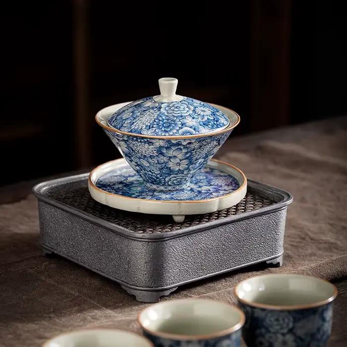 Rétro Ru four thé Tureen céramique Sancai couvercle bol théière Gaiwan peut soulever Kung Fu service