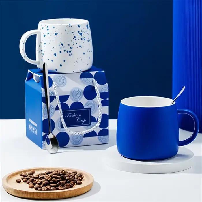 Tasse à café en céramique bleue Klein de 500ml, avec cuillère, paquet cadeau, tasse en porcelaine à 