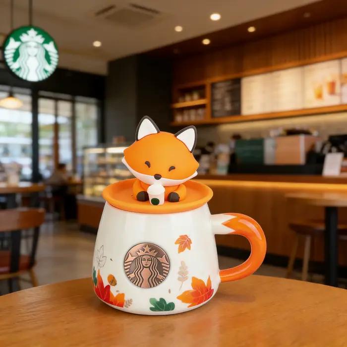 Mug Starbucks Cartoon Fox Maple Leaf 300ml, tasse en céramique Forêt d'automne, cadeau idéal pour la