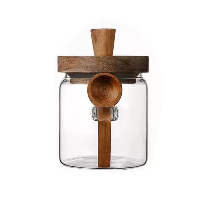 Pot de stockage de grains de café anti-humidité avec couvercle en bois et cuillère en bois, récipien