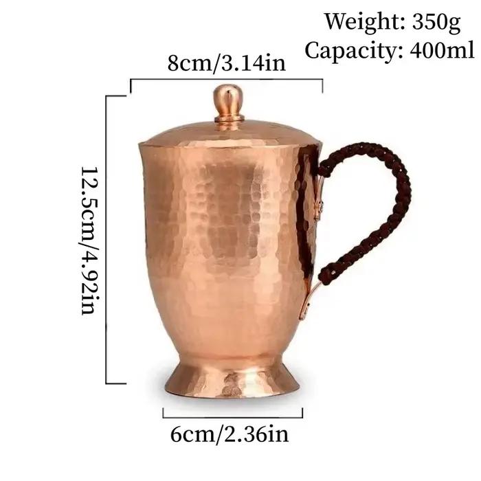 Tasse en cuivre pur Vintage, avec couvercle, tasse à café pour petit déjeuner au lait, poignée tissé