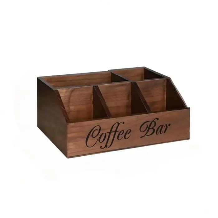 Organisateur de bar à café en bois avec 5 compartiments, boîte de rangement rustique pour comptoir, 