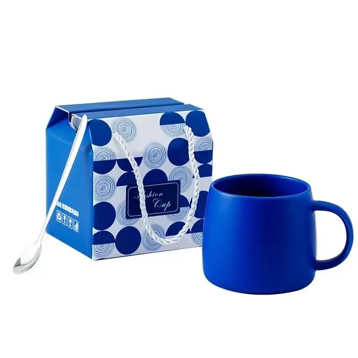 Tasse à café en céramique bleue Klein de 500ml, avec cuillère, paquet cadeau, tasse en porcelaine à 