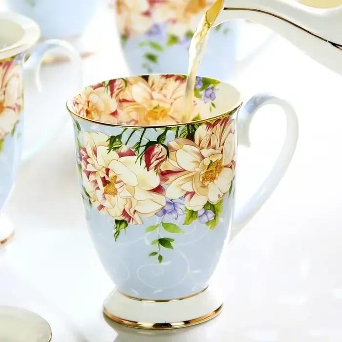 Tasses à café en porcelaine d'os, peinture florale, lait de petit déjeuner, thé aux fleurs, tasse d'