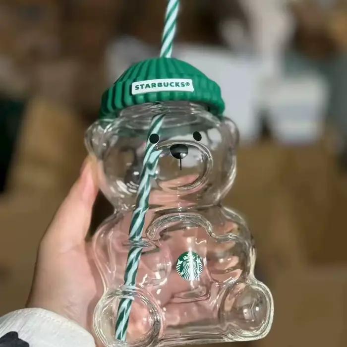 Gobelet en verre Starbucks Bearista Bear 591 ml avec couvercle vert et paille, pour café glacé, cade