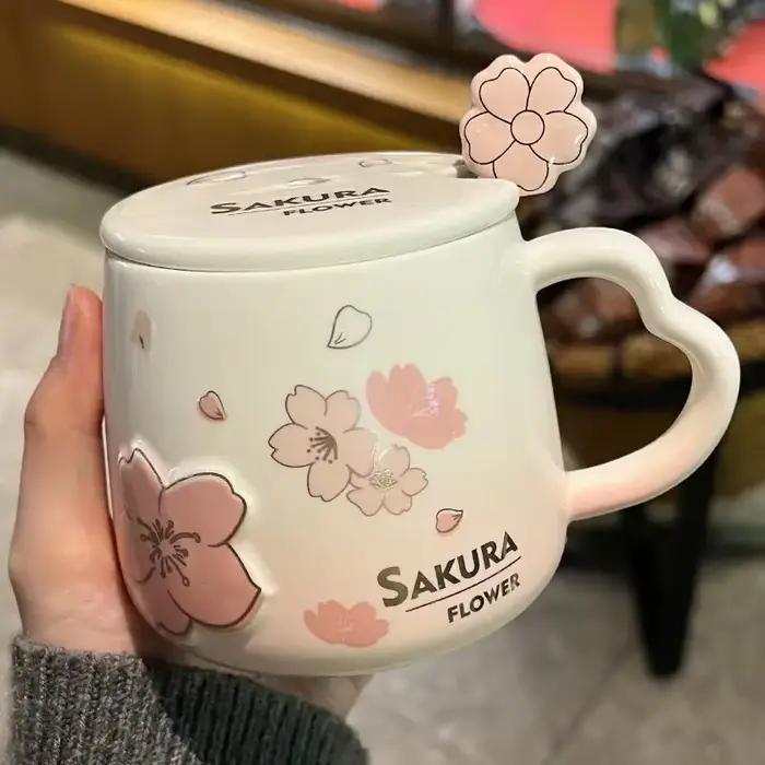 Tasse en céramique avec couvercle et cuillère, belle tasse à café, lait, poudre de Sakura, ménage, a