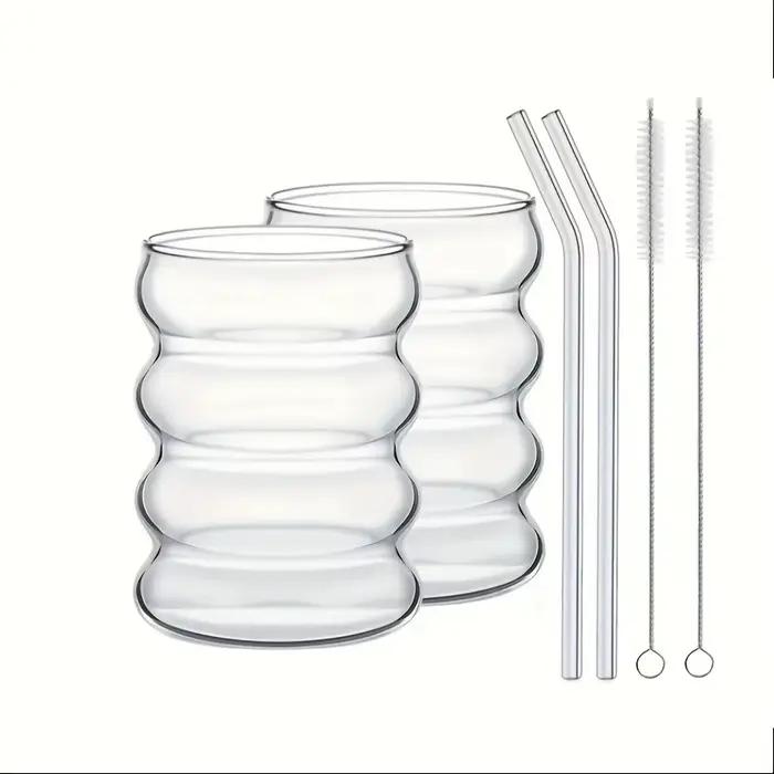 2 tasses à café en verre borosilicate élevé 350ML/11.8oz avec paille et brosse, conception d'ondulat