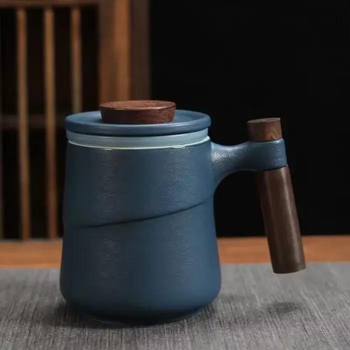 Tasse en céramique noire avec poignée en bois, filtre, tasse à thé, tasse en céramique créative, tas
