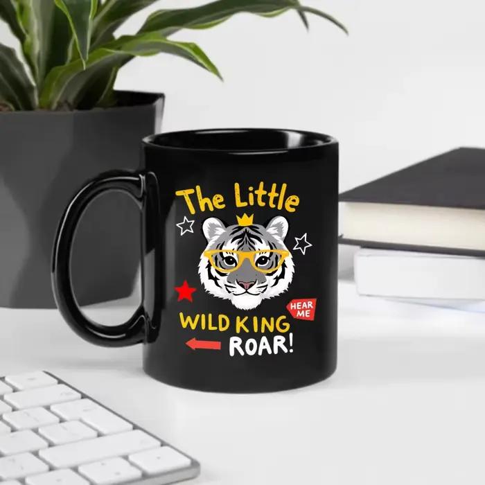 Tasse en céramique tigre noir portant une couronne et des verres petit roi sauvage écoute-moi rugissement texte conception pour café thé cadeau de bureau à domicile