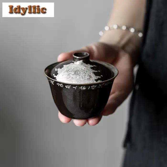 100ml noir glaçure poésie Gaiwan Antique thé Tureen bol à thé avec couvercle Kit thé faisant bol de couverture Services à thé accessoires cadeau