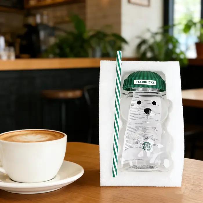 Gobelet en verre Starbucks Bearista Bear 591 ml avec couvercle vert et paille