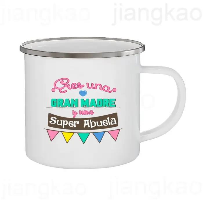 Tasse à café en émail imprimée espagnole dessin animé pour grand-mère occasions spéciales anniversaires vacances café matinal
