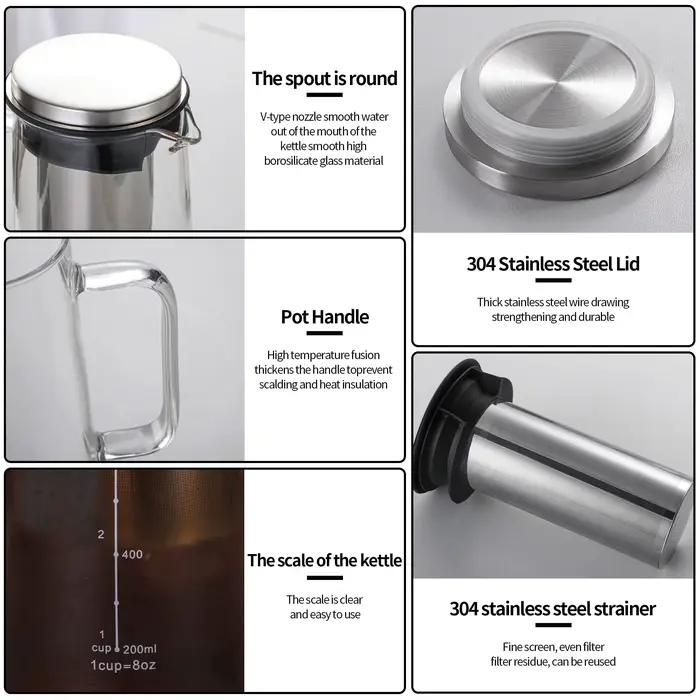 Leeseph Cafetière Glacée Hermetique à Froid et Infuseur à Thé Verre 1L Filtre Acier Inoxydable Usage Occasionnels