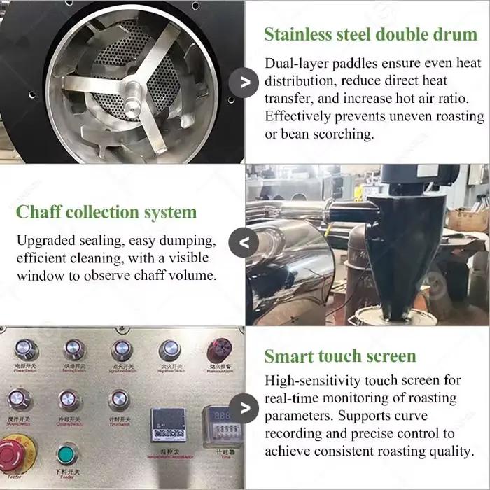 Torréfacteur de café industriel personnalisable en acier inoxydable pour torréfaction uniforme, installation facile, usage commercial et artisanal