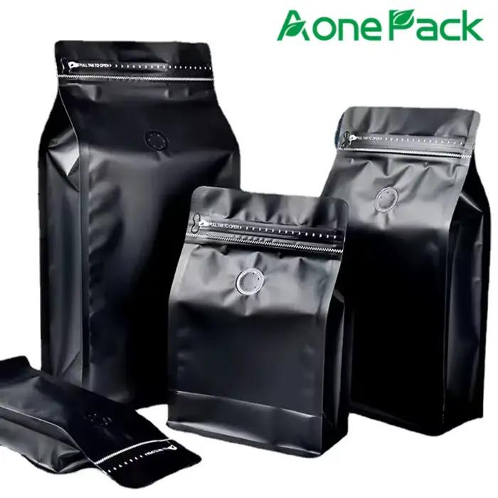 50 sachets en plastique noir mat avec fermeture éclair et valve pour café en poudre