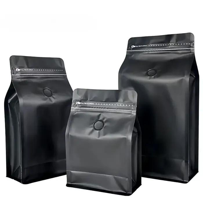 50 sachets en plastique noir mat avec fermeture éclair et valve pour café en poudre