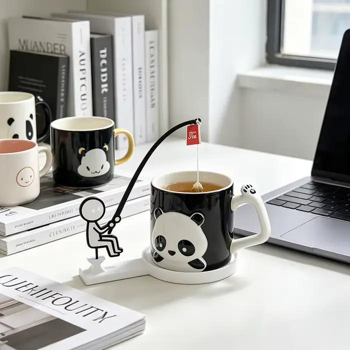 Support de sachet de thé en forme de pêcheur, dessin animé amusant, dessous de tasse bleu ciel pour une pause café unique et durable