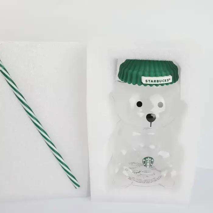 Gobelet en verre Starbucks Bearista Bear 591 ml avec couvercle vert et paille