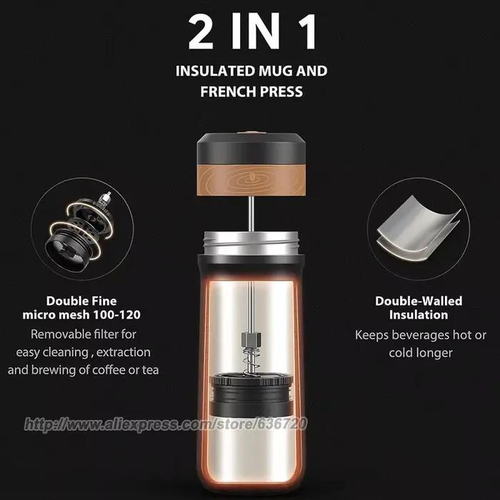 Mini cafetiere de voyage presse francaise portable 14oz fournie avec filtre isolation design compact pour preparation cafe americain en voyage ou a domicile