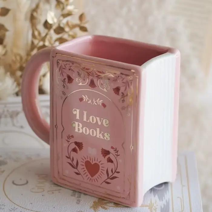 Tasse en porcelaine en forme de livre avec poignée design vintage motifs en feuille d'or couleur orange rose vert clair pour amoureux des livres et lecteurs occasions spéciales