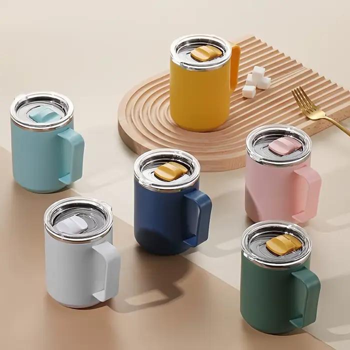 Tasse à café isolée avec poignée acier inoxydable 304 double paroi capacité 400-600 ml couleurs bleu clair orange jaune vert