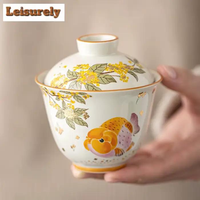 100ml herbe gris or Osmanthus poisson Gaiwan luxe thé Tureen bol à thé avec couvercle Kit théière couverture bol chinois service à thé artisanat