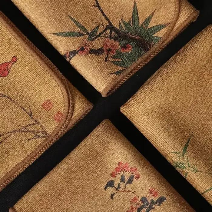 Serviette de thé peinte à la main en coton pour une absorption supérieure et un design élégant, idéale pour le nettoyage de vaisselle et de service à thé, cadeau pour amateurs de thé