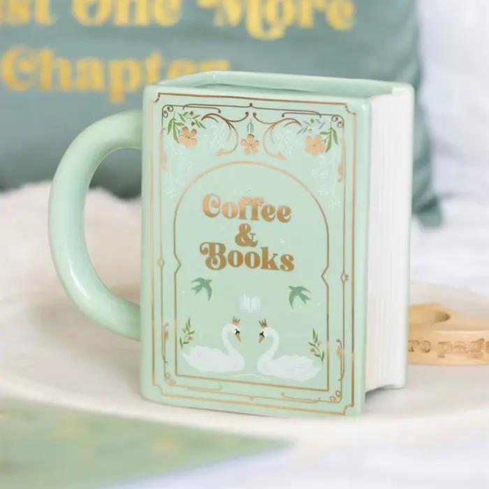 Tasse en porcelaine en forme de livre avec poignée design vintage motifs en feuille d'or couleur orange rose vert clair pour amoureux des livres et lecteurs occasions spéciales