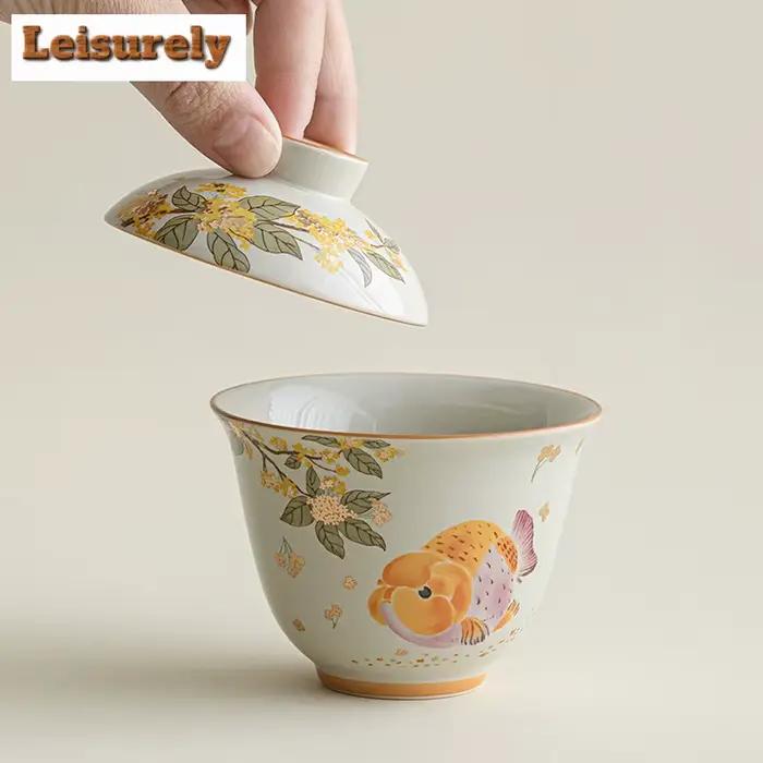 100ml herbe gris or Osmanthus poisson Gaiwan luxe thé Tureen bol à thé avec couvercle Kit théière couverture bol chinois service à thé artisanat