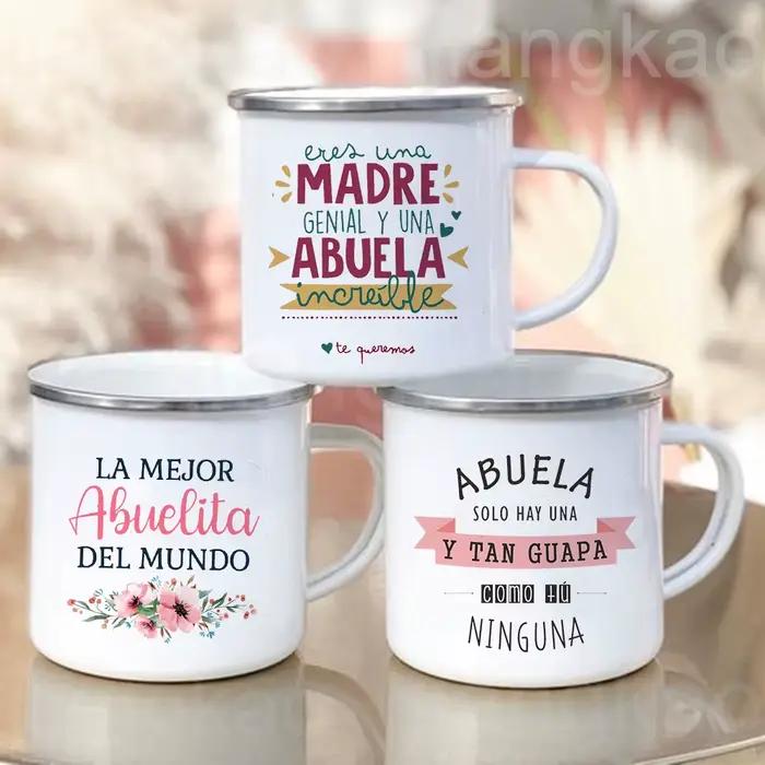 Tasse à café en émail imprimée espagnole dessin animé pour grand-mère occasions spéciales anniversaires vacances café matinal