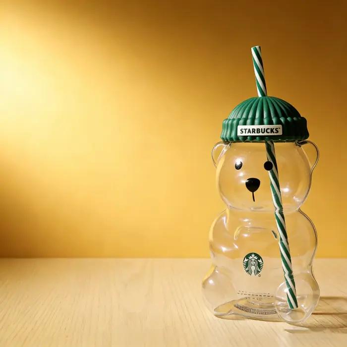 Gobelet en verre Starbucks Bearista Bear 591 ml avec couvercle vert et paille