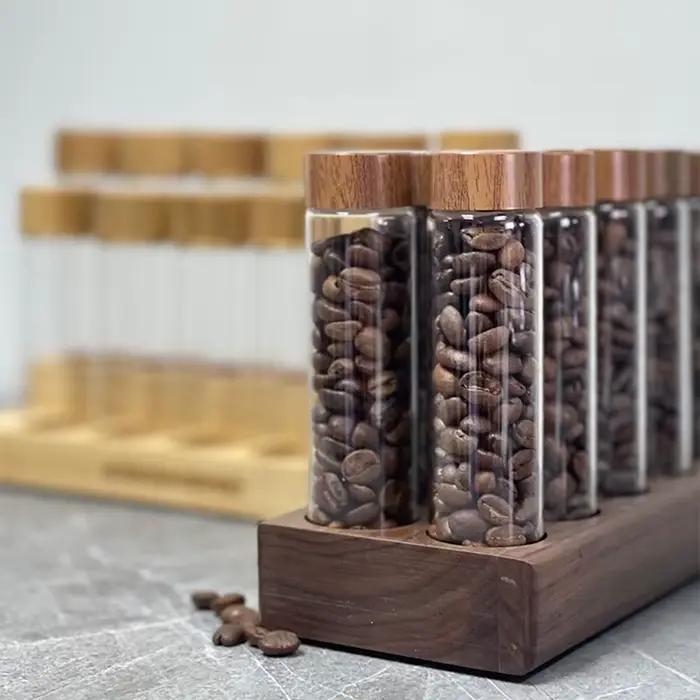 Conteneur en noyer pour grains de café avec entonnoir, coffeeware pour amateurs de café, kit de deux pièces pour rangement et conservation, idéal pour baristas et amateurs de café à la maison