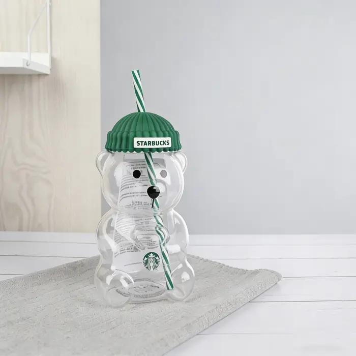 Gobelet en verre Starbucks Bearista Bear 591 ml avec couvercle vert et paille