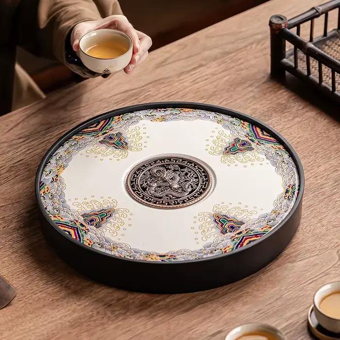 Plateau à thé en céramique style chinois pour stockage et drainage double usage thé de mer et en plein air occasions spéciales