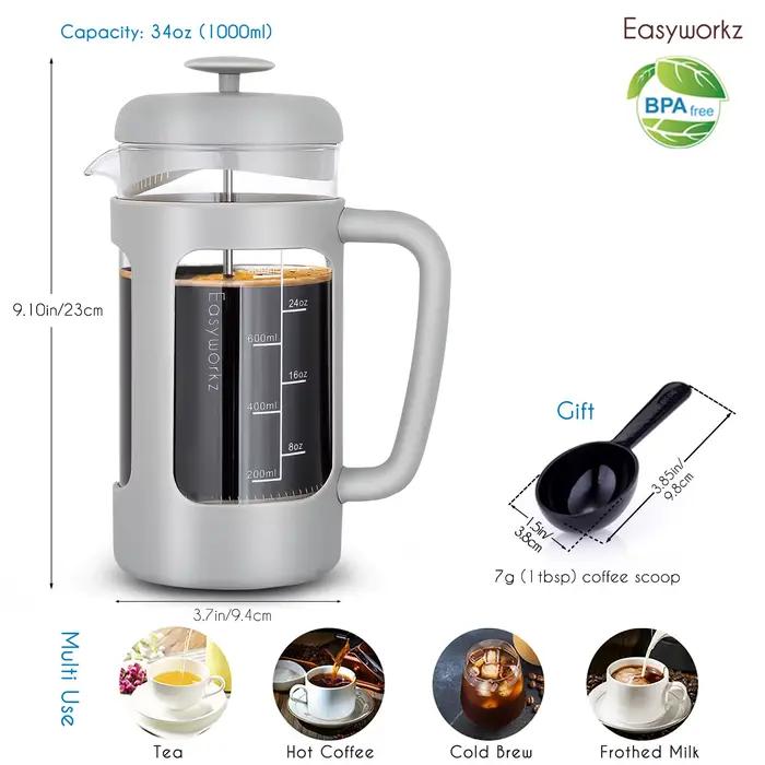Easyworkz Cafetière à thé à pression française avec verre borosilicate