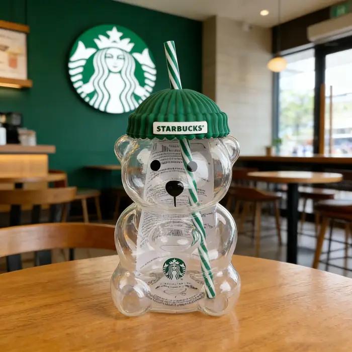Gobelet en verre Starbucks Bearista Bear 591 ml avec couvercle vert et paille