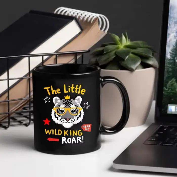 Tasse en céramique tigre noir portant une couronne et des verres petit roi sauvage écoute-moi rugissement texte conception pour café thé cadeau de bureau à domicile
