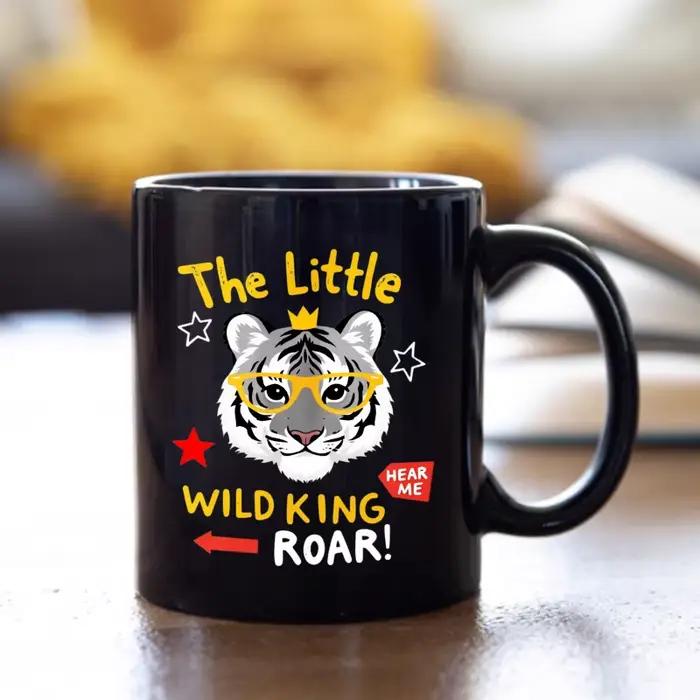 Tasse en céramique tigre noir portant une couronne et des verres petit roi sauvage écoute-moi rugissement texte conception pour café thé cadeau de bureau à domicile