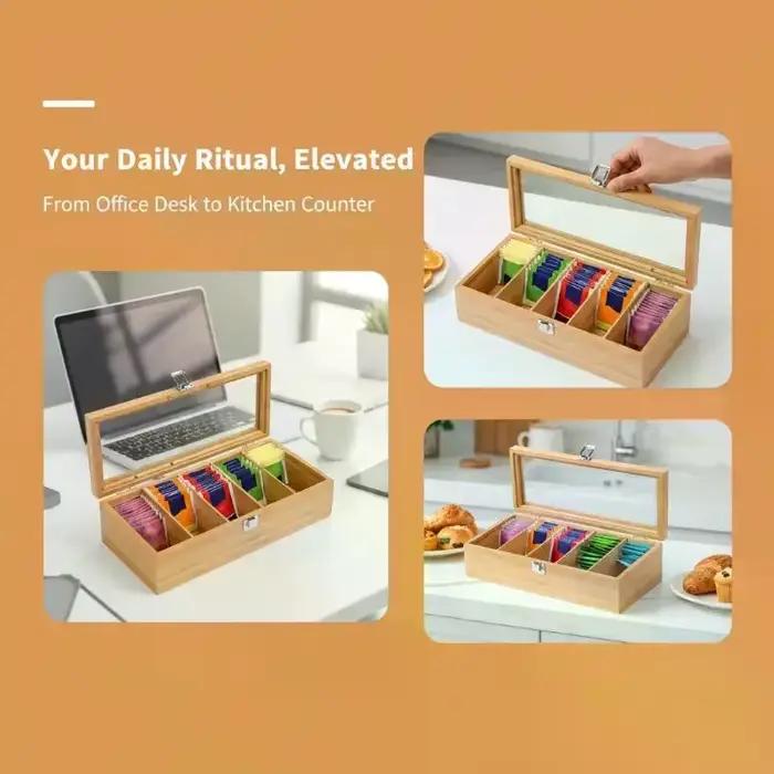 Boîte de rangement pour sachets de thé en bambou