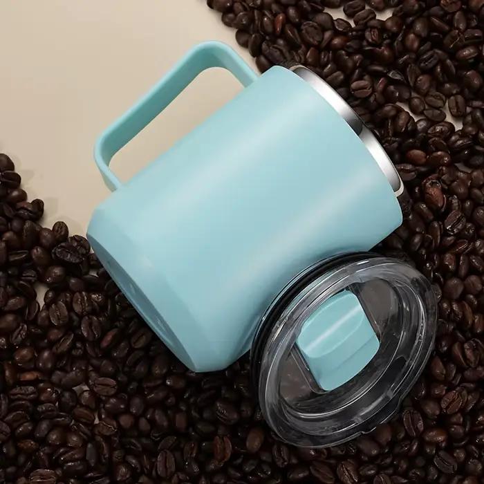 Tasse à café isolée avec poignée acier inoxydable 304 double paroi capacité 400-600 ml couleurs bleu clair orange jaune vert