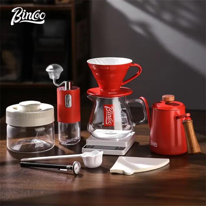 Ensemble de café goutteur Bin Coo en verre et céramique gris clair pour moments de partage et infusion optimale