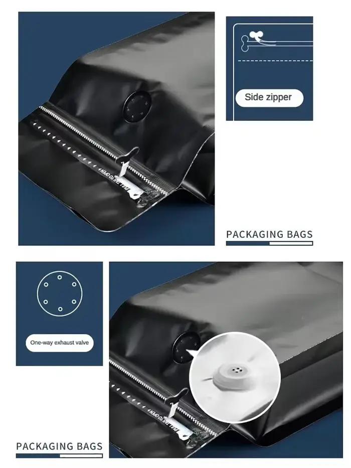50 sachets en plastique noir mat avec fermeture éclair et valve pour café en poudre