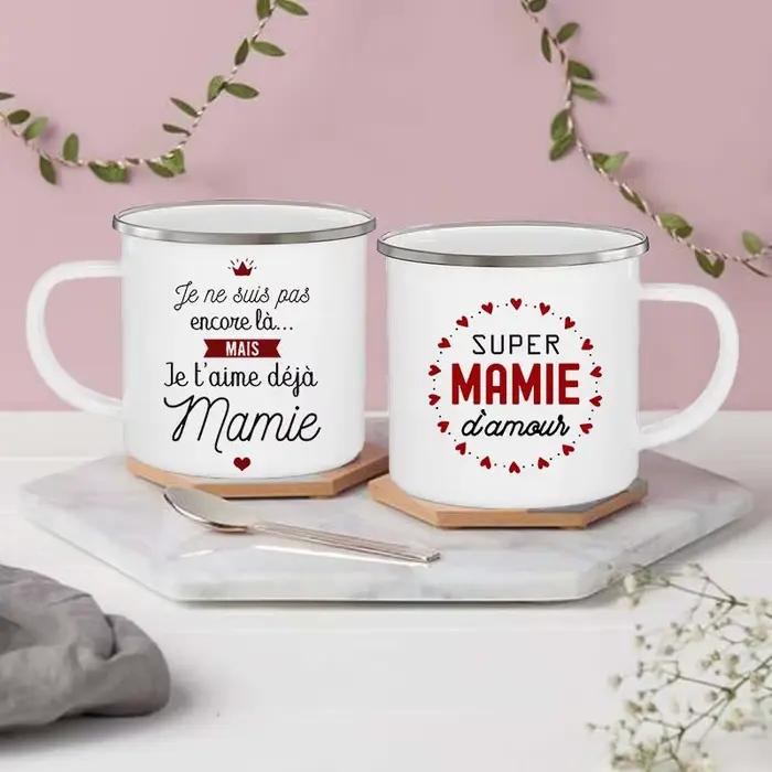 Super Mamie je t'aime imprimé tasse en émail boisson lait tasses à café annonce de grossesse