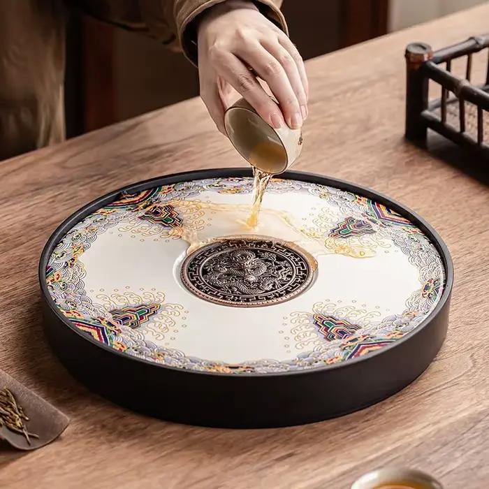 Plateau à thé en céramique style chinois pour stockage et drainage double usage thé de mer et en plein air occasions spéciales