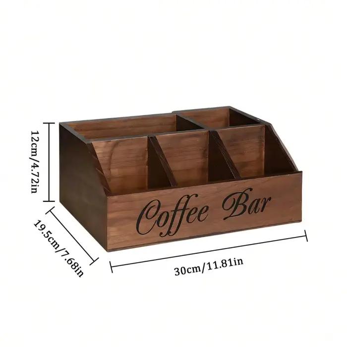 Organisateur de bar à café en bois rustique avec 5 compartiments pour rangement de dosettes de café, capsules, tasses et cuillères pour cuisine occasions spéciales