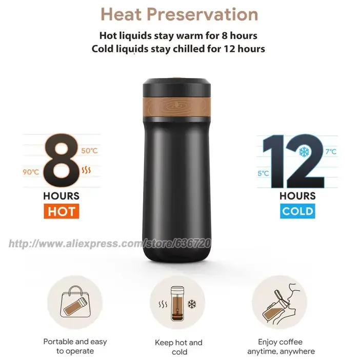 Mini cafetiere de voyage presse francaise portable 14oz fournie avec filtre isolation design compact pour preparation cafe americain en voyage ou a domicile