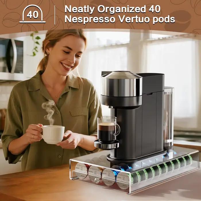 Porte-dosettes en plastique clair pour capsules Nespresso Vertuo, rangement de 40 dosettes, conception ergonomique pourvue d'une vue directe sur chaque capsule, compatible avec les machines Nespresso VertuoLine, facile à installer et à entretenir