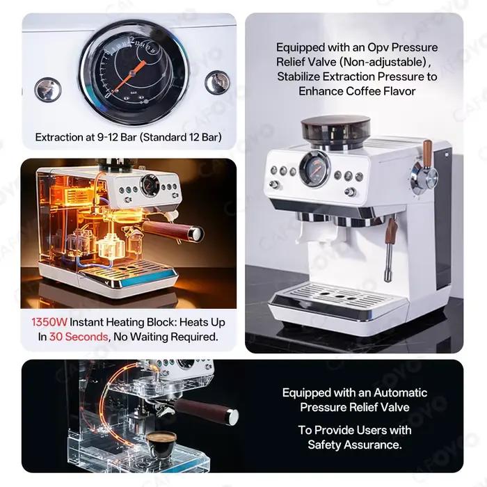 Machine à café semi-automatique 3-en-1 CAFOVO E161G avec moulin à grains intégré et mousseur à lait pour barista à domicile expresso et cold brew 220V